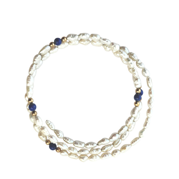 Wrap around bracelet genuine rice pearls white Lapis Lazuli gold beaded boho - Picture 2 of 4